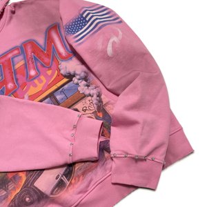 Sweat à capuche oversize rose vif pour homme avec imprimé ATM sur le devant, style streetwear, design vieilli, effet délavé et orné de clous - Product Image 5