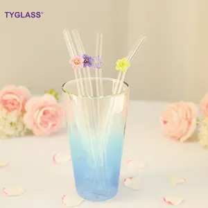 Manufacturer Custom Reusable Bent Glass Drinking Smoothie Straws Cute Glass Straws With Flower Cherry Blossom Glass Straws