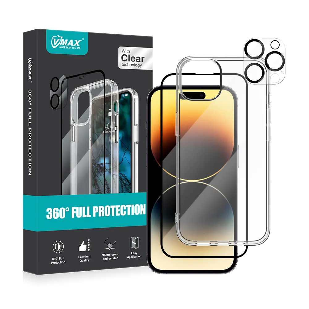 Vmax 3 in 1 Bundle For iPhone 14 13 12 Pro Max 3D Glass Screen Protector   Camera Lens Protector with Clear TPU Phone Case