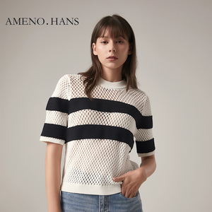Nuovo arrivo maniche corte O collo maglione donna Top bianco <span class=keywords><strong>e</strong></span> nero con bottoni - Product Image 5