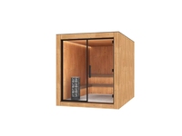 Sauna en bois en forme de cube, extérieur noir, intérieur en bois naturel, murs vitrés à vue panoramique, écologique, sûr, traditionnel