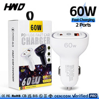 Chargeur de voiture à double port adaptatif 60W GaN Tech PD3.0 QC Type-C Type-A avec indicateur LED pour ordinateur portable, téléphone, tablette, directement de l'usine