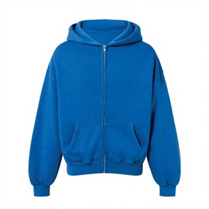 Sudadera con Capucha y Cremallera para Hombre, Talla Grande, de Forro Polar, Azul Sólido, Corte Regular, Manga Larga, con Bolsillos, para Otoño - Product Image 1