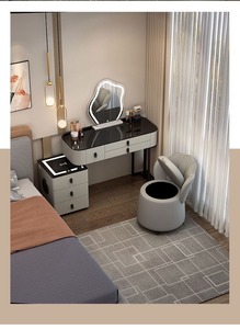 Table de toilette intelligente en bois massif de luxe nordique, multifonctionnelle, avec haut-parleur Bluetooth, miroir et tabouret - Product Image 6