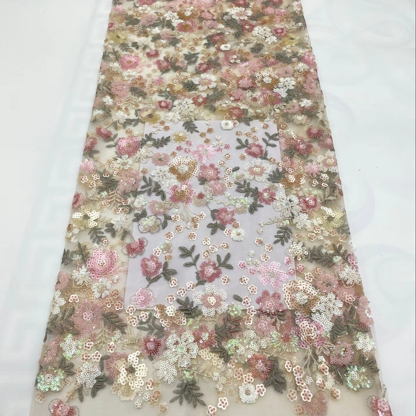 Mesh Lace Colorful Sequins Lamination Embroidery Girl Pink Women Dress Evening Dress Cheongsam Embroidery Fabric