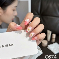Ongles artificiels faits à la main à pression, forme amande, couvrance totale, motif floral rose glacé, modèle C674
