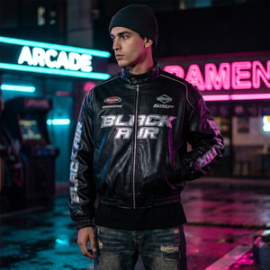 Chaqueta de Carreras Y2K Personalizada para <span class=keywords><strong>Hombre</strong></span>, Chaqueta Moto Vintage con Estampado Gráfico Metálico, Chaqueta Corta de Cuero PU, Chaqueta Bomber Streetwear al por Mayor - Product Image 1