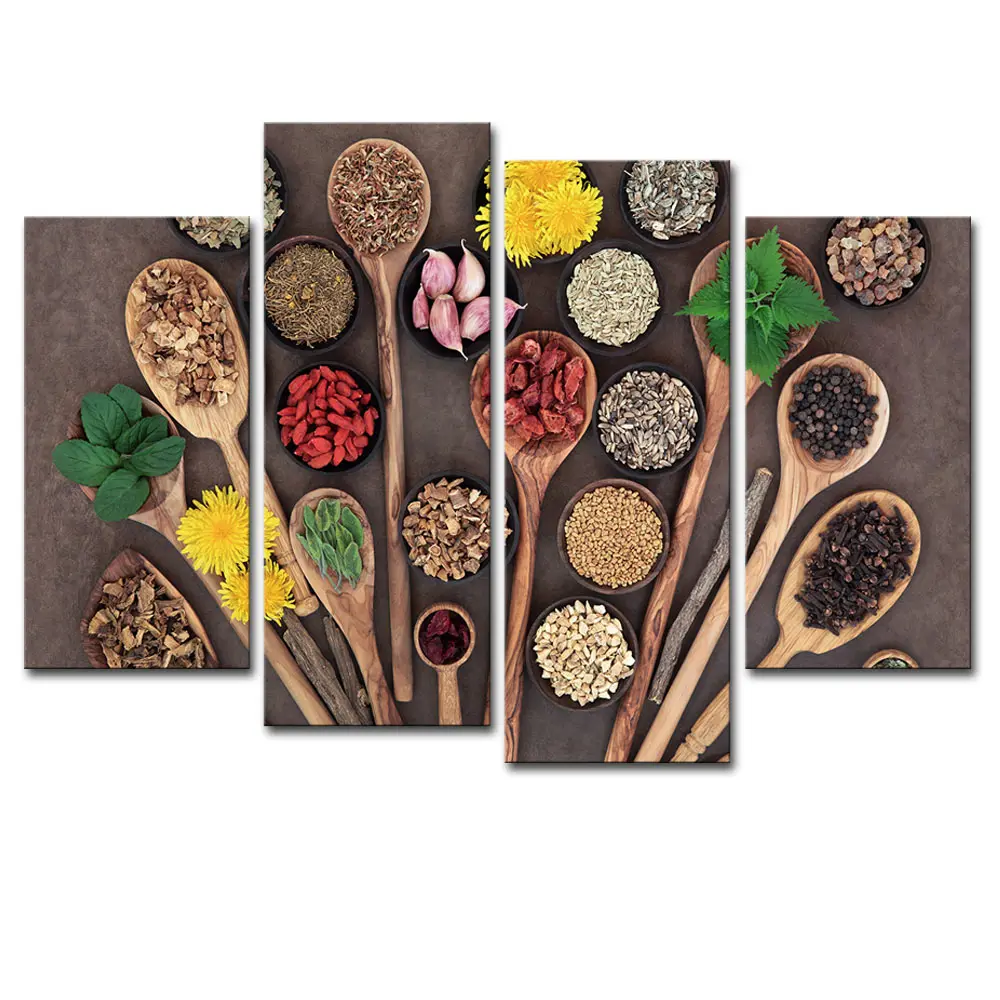 4 Piece Kitchen Pictures Wall Decor Spice in Wooden Spoon Canvas Art Food Painting Print Vintage Home Decor for Living Room