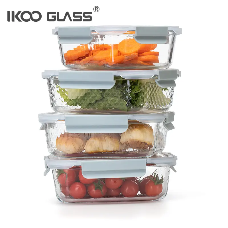 Ikoo Lò an toàn hình chữ nhật tùy chỉnh Hộp Ăn Trưa thủy tinh cho container lưu trữ thực phẩm với khóa