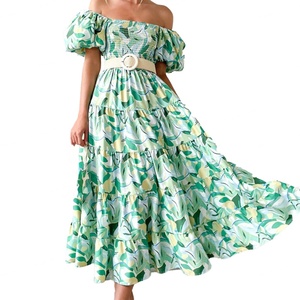 Custom OEM Women's Summer Casual <b>Dresses</b> 2025 Spring Summer Puff Sleeve Square Neck A-line Flowy Boho Floral Smocked Midi <b>Dress</b> - Product Image 1