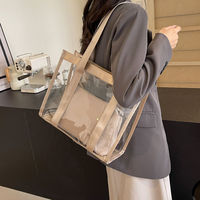 Sac fourre-tout 2-en-1 en PVC transparent couleur unie avec pochette intérieure, sac à main de shopping en plastique transparent pour femme, idéal pour le travail et les voyages, personnalisable avec logo, faible MOQ