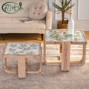 <b>Solid</b> <b>Wood</b> Coffee <b>Table</b> Glass <b>Top</b> Distressed Finish Small Apartment Living Room Side <b>Table</b> H2487 - Product Image 1