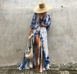 Robe portefeuille de créateur pour femme, en rayonne tie-dye, style kimono, pour la plage - Product Image 1