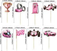 Décorations de gâteau pour fête prénatale et anniversaire : Toppers de cupcakes voiture de course rose, drapeau à carreaux, roue, trophée, casque