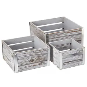 Juego de 3 cajas de madera lavadas blancas decorativas para el hogar, caja cuadrada de esquina de metal