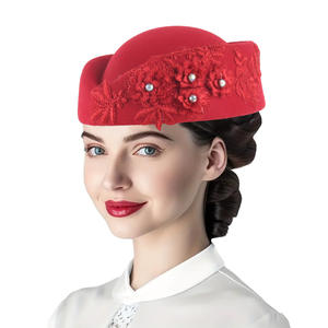 Béret en feutre de laine avec appliques pour femme, style rétro britannique, pour hôtesse de l'air, chapeau d'étiquette - Product Image 2