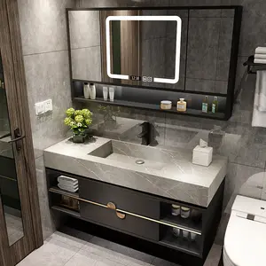 Avrupa Modern 47 inç duvara monte çift lavabo depolama otel banyo makyaj dolabı