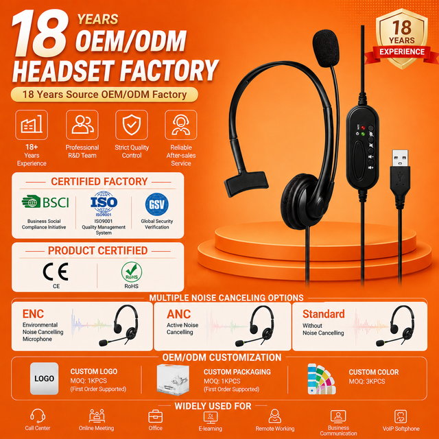 Single Ear Wired USB-A USB2.0 Headsets with Rotatable Microphone Headphones for Office Computer Call Center OEM