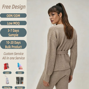 <span class=keywords><strong>Cardigan</strong></span> en tricot à col en V pour <span class=keywords><strong>femme</strong></span> avec ceinture, pull enveloppant doux et chaud en maille côtelée taupe à manches longues lanternes pour l'hiver - Product Image 4