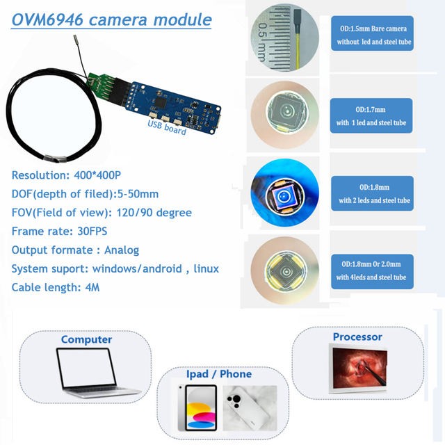 OV6946 Micro Endoscopic Camera Module Miniature Medical Endoscope 1.6/1.8/2.0mm USB Full HD Waterproof and Weatherproof