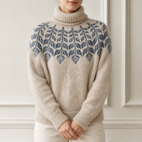 Pull en tricot Fair Isle personnalisé pour femme, col roulé, beige, gris, bleu, motif feuille, fabrication OEM ODM