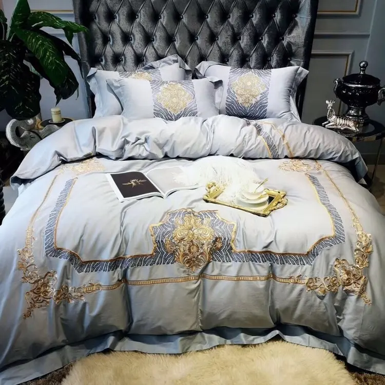European style soft bed sheet embroidery light blue bedding comforter set cotton luxury designer