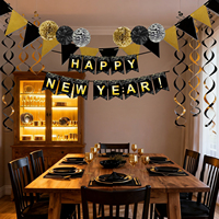 640426 Silvester-Party-Dekorationsset: Schwarz, Gold und Silber, sowie Banner mit der Aufschrift "Frohes Neues Jahr" für eine glamouröse Feier