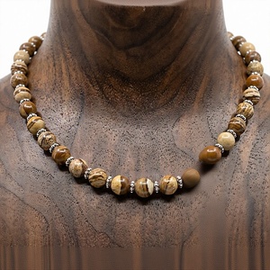 Bracelet-collier unisexe tendance de 18 pouces en pierres naturelles, plaqué or 14 carats, fermoir en argent tibétain, noué à la main, géométrique, troisième - Product Image 1