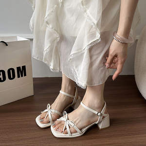 <span class=keywords><strong>Sandali</strong></span> con <span class=keywords><strong>Tacco</strong></span> Grosso e Fiocco in Stile Francese, Tinta Unita, Tomaia in PU, Tendenza Moda Coreana, Cinturino Singolo con Fibbia, per Abiti Estivi - Product Image 5