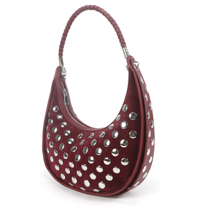 Bolso de hombro para mujer, de ante y terciopelo, color rojo vino, con remaches, estilo hobo, para uso urbano - Product Image 3