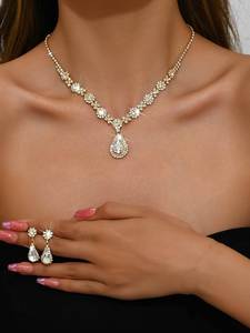 Juego de Joyería Clásica para Novia de Dos Piezas, Collar y Aretes de Cristal para Vestidos de Noche, Bodas, Fiestas o Regalos, Material de Cobre - Product Image 5