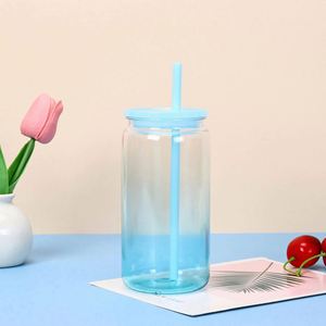 Vaso de vidrio transparente AGH de 16 oz con diseño de rayas, tapa de plástico de colores y pajita, taza de sublimación para niños y camping - Product Image 6