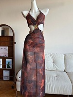 Ensemble 3 pièces maillot de bain et robe longue pour femme, motif chaînes, détails à nouer, coupe ajustée, style modeste, cache-maillot de plage S-L