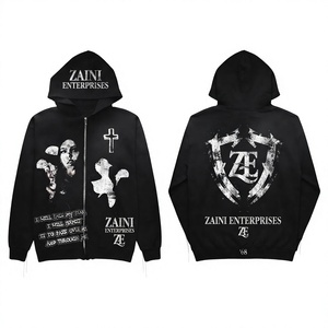 350grams Cotton Polyester Woven <b>Black</b> <b>Zipper</b> <b>Hoodie</b> Custom Screen Print Embroidery DTG Logo OEM ODM Manufacture Men's Winter - Product Image 1