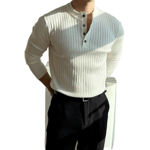 Pull en maille de polyester anti-rides à haute élasticité pour homme, motif rayé, manches longues, saison printemps - Product Image 1