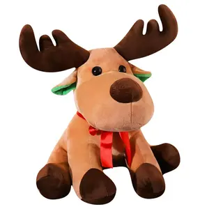 New Xmas Moose Deer Plüschtiere mit rotem Schal Stickerei LOGO Custom Cute Stofftier Elch Plüsch Plüsch Rentier Weihnachten