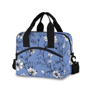 Sac à déjeuner isotherme bleu à fleurs, sac isotherme portable avec bandoulière pour le bureau, l'école et les voyages - Product Image 1