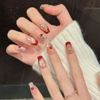 Faux Ongles à Presser pour Femme, Rouge Doré, Fleur, Cristal, Rubis, Perle, 3D Brillant, Longs Forme Cercueil, Style Royal Gem Glamour
