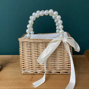Bolso de mano tejido con perlas, bandolera redonda de paja y ratán, estilo bohemio, bolso de hombro para mujer, para uso diario, bolso pequeño portátil - Product Image 4