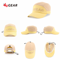 Casquette de camping beige 5 panneaux 4UGEAR avec impression personnalisée, calotte en maille, cordon élastique, visière incurvée, légère et respirante, pour hommes et femmes