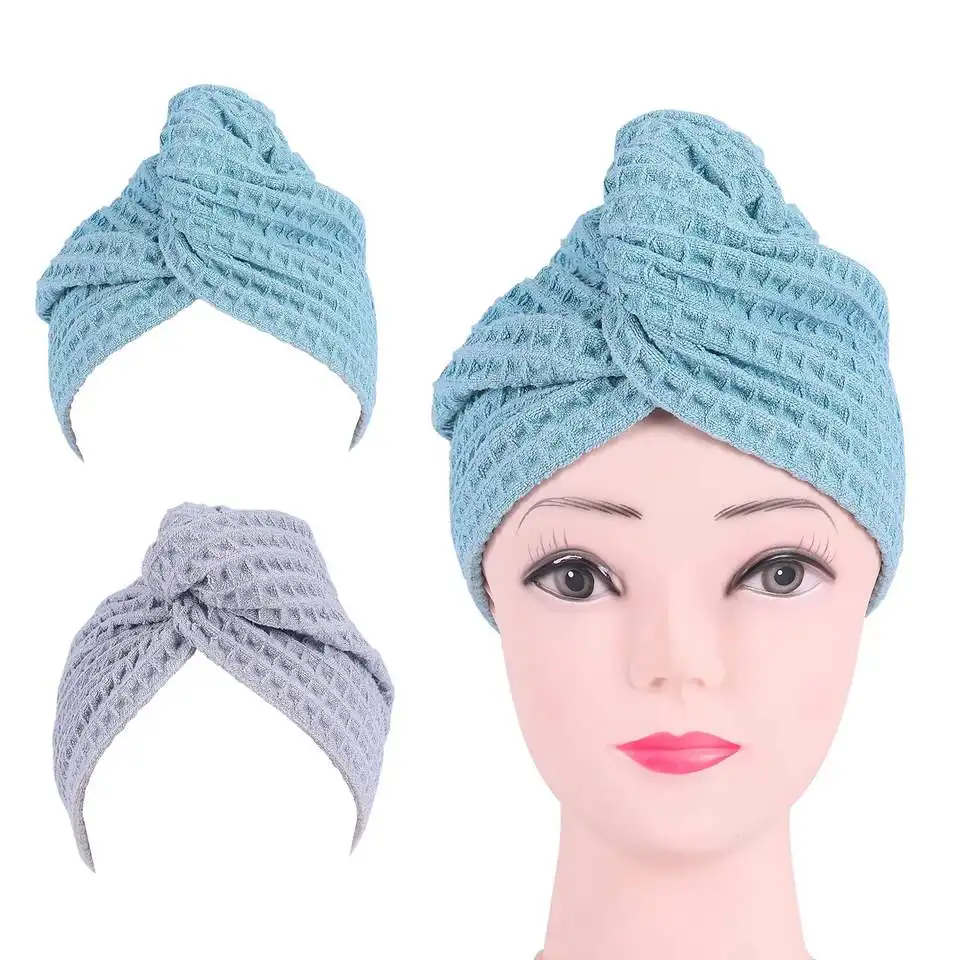 Factory Directly Wholesale Waffle Hair Drying Towel Microfiber Soft Quick Dry Turban With Button