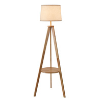 Lampadaire trépied en bois avec étagère ronde et abat-jour en tissu pour salon, chambre, chambre d'hôtel, salle d'attente
