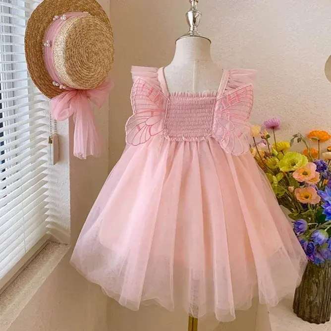 2-7 Jahre altes Mädchen Sommer märchenflügel Puffy-Tülle-Roch Modisch rosa Mädchen schicke Kleider Großhandel Kleider Ballkleid Kinderkleidung Kleid