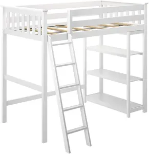 Pine Bed Solid Wood Twin-Size High Loft Bed with Bookcase White