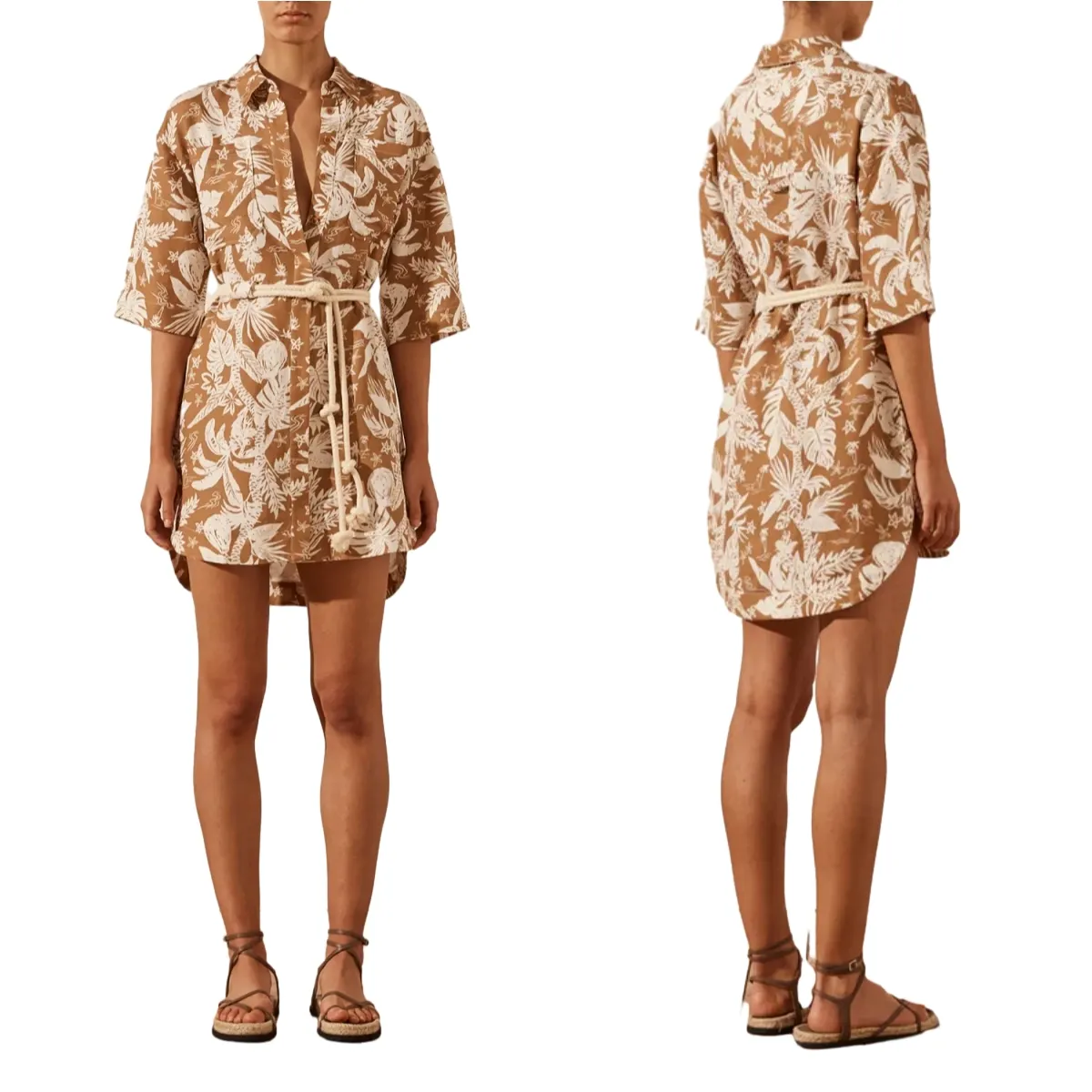 देवियों विलासिता ग्रीष्मकालीन आकस्मिक लघु आस्तीन साइड विभाजन पुष्प प्रिंट रस्सी बेल्ट Oversized शर्ट कपास लिनन शर्ट ड्रेस महिलाओं के लिए