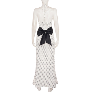 Robe longue d'été décontractée pour femme, tissée, respirante, à pois, col halter, décolleté plongeant, dos nu, avec nœud, taille haute, pour soirée - Product Image 6