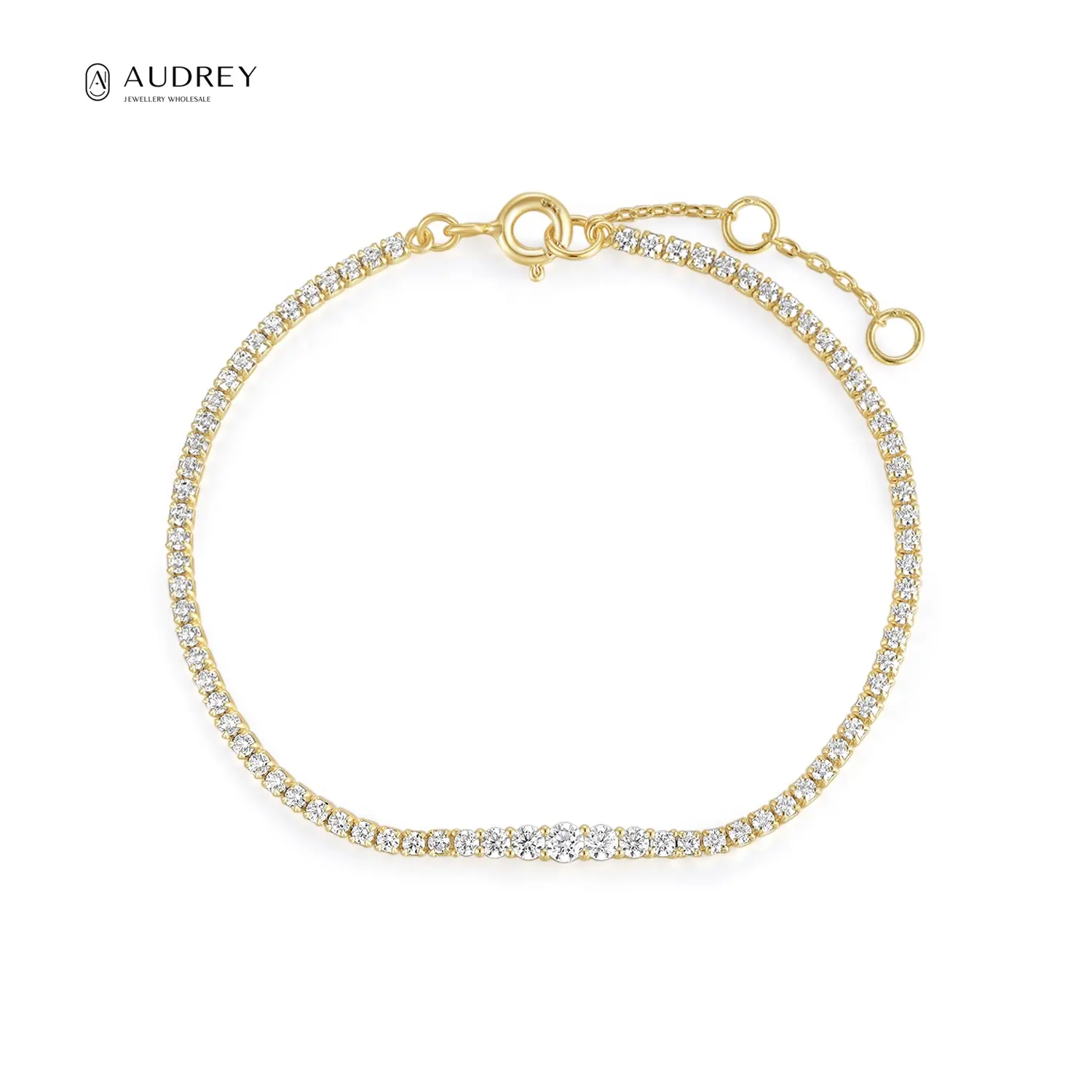 Audrey Classic Design Fine Jewellery 14k Plated Gold 925 Sterling Silver Sparkling Zircon Tennis Bracelet Chain For Ladies