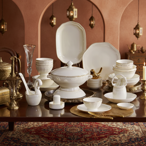 Elegant Gold Trim Bone China <b>Dinnerware</b> Set Sustainable Luxury Tableware Utensils Kit for 8 People Microwave Dishwasher Safe - Product Image 1