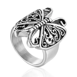 Wholesale Antique Silver Hollow Filigree Butterfly Ring For Women