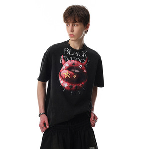 Camiseta de <span class=keywords><strong>hombre</strong></span> de manga corta 100% algodón transpirable con remaches de estrella y labios de diablo estilo americano - Product Image 2